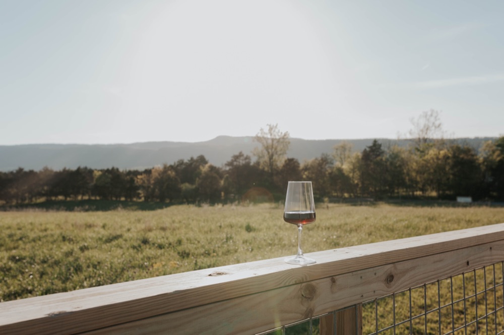 Wine glass on deck railing with mountain view